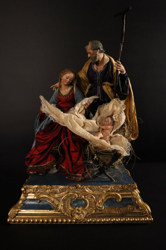 Natività 33cm con base in legno oro e blu